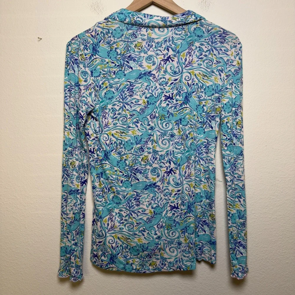 Lilly Pulitzer‎ Pajama Top XS Blue Modal Ruffle Melon Fig Tint Monkey Print